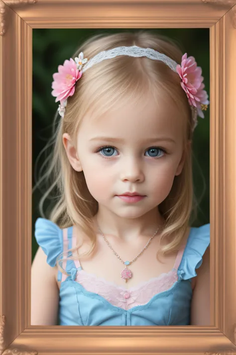 Russian style,4-year-old children,A little girl child,child,Blonde hair, Lace,Bra,beautiful detailed hands,Hair accessories,Translucent,The necklace,Photo frame,Portrait frame,flower,Jewelry,Pink,Blue