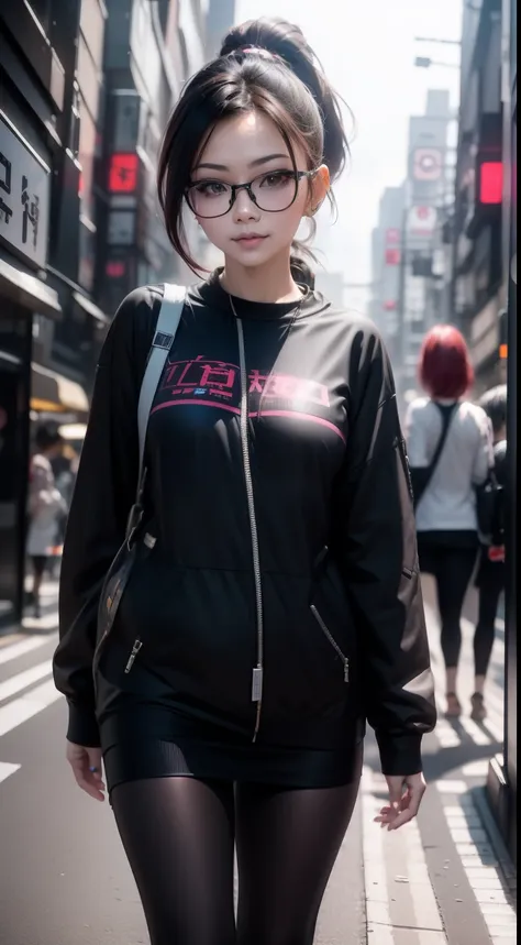 beautiful woman with medium hair, hair with a ponytail, aviator glasses, cyberpunk-inspired short outfits, on the streets of tok...