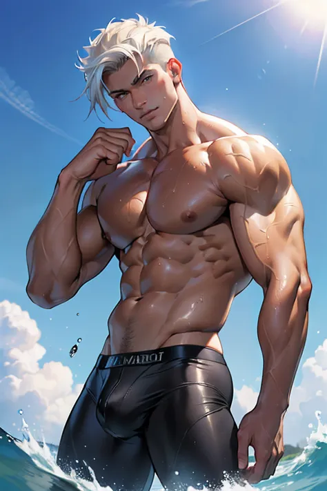 ((Best Quality, 8K, ultra-detailed, Masterpiece: 1.3)), 1boy, shiny skin, sharp, Perfect Body Beauty, realistic shaded perfect body, (cute baby face:1.1),("bikini, big bulge ":1.2),(dynamic pose:1.1), thigh , (bulge focus:1.2) , wet skin