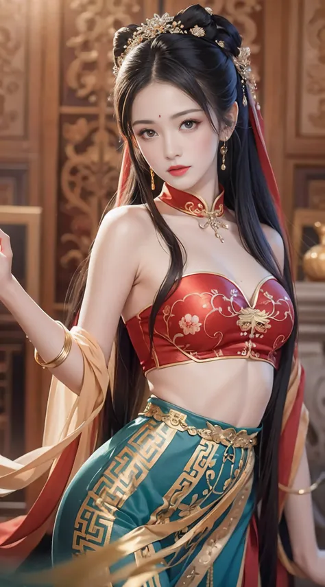 （From the outside） （shiny skins）， many color，Best quality at best，tmasterpiece，photograph of-realistic，Complicated details，RAW photogr，Court，Gorgeous cheongsam，Extra-long hair，cropped shoulders，delicated face，Expose cleavage，decorations，Hide hands