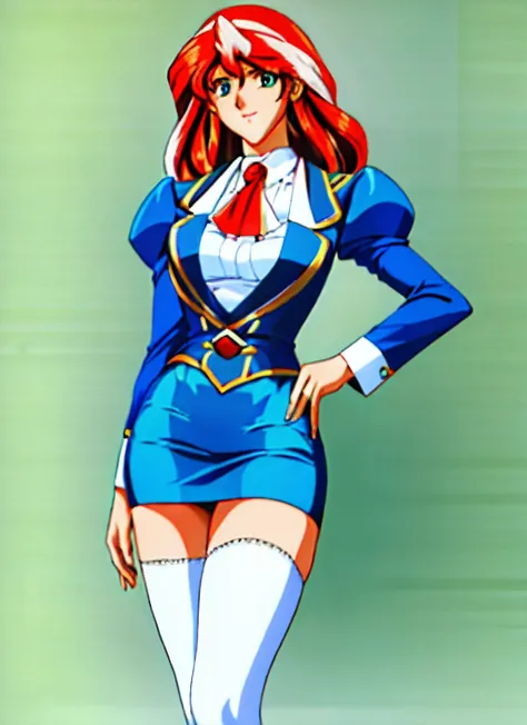 RETRO ARTSTYLE, 1990S (STYLE), ((best quality)), ((highly detailed)), masterpiece, (detailed eyes, deep eyes), (1girl), SunsetHuman, (multicolored hair, (two-tone hair:1.1), red and blonde hair), BREAK, aqua eyes, same color jacket, juliet sleeves, ascot, ...