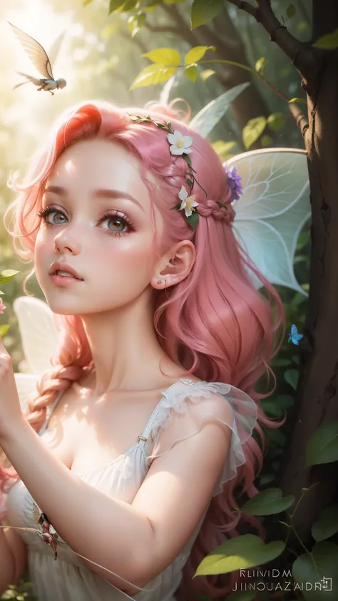 Polegarzinha, linda fada, cabelo iluminado, cabelo realista, fairy girl, girl with wings, jardim de rosas, linda natureza, plano de fundo com jardim, alta qualidade, super detalhado, pintura realista.