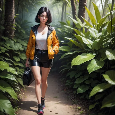 A woman walking in a tropical forest, with jacket and short pants, fashionable, byvery brautiful face, dark brown iris, black hair, full body, wild plants and colorful flowers --auto