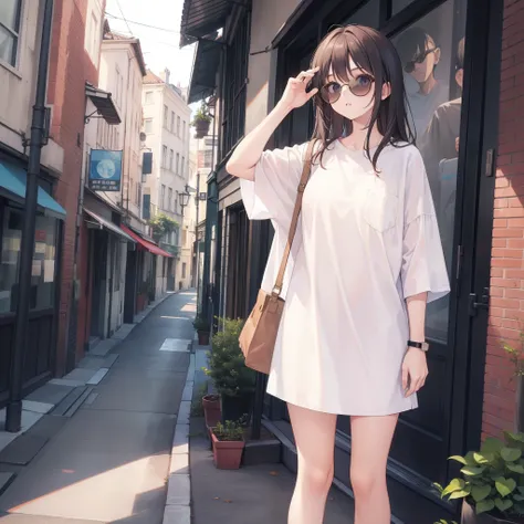 ((Best quality)), 1girl, tall girl, oversized shirt and shorts, wearing sunglasses