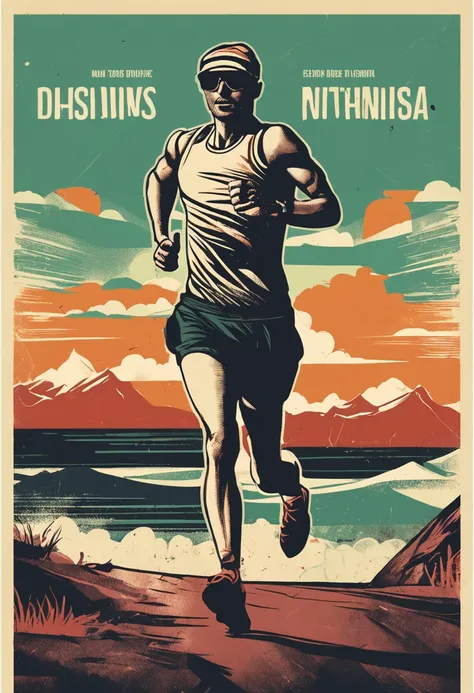 Retro style multicolored poster, cartaz estilo russo, 4k ultradefinição, maratonista trail runner de corpo inteiro, perfect hands