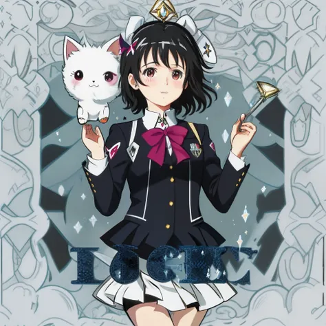 Magical girl Madoka with black hair short hair school uniform