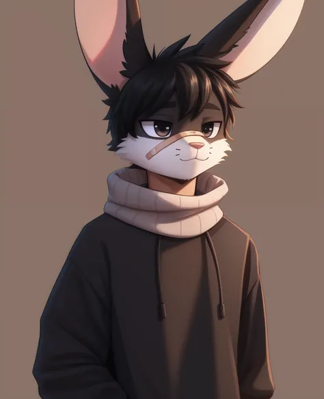 xing1 
nick_(the_xing1) 
lagomorph leporid mammal rabbit 
absurd_res english_text hi_res 
anthro band-aid band-aid_on_face band-aid_on_nose bandage black_body black_fur cheek_tuft clothing facial_tuft fur grey_body grey_fur half-closed_eyes male narrowed_e...