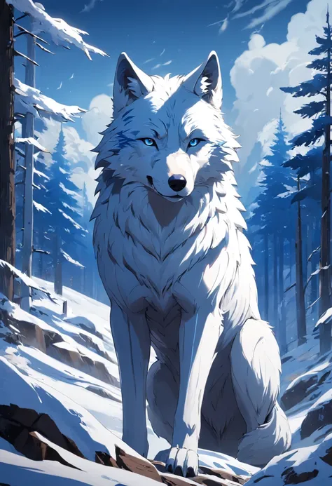 "Surreal 32K level（32K）Portrait of a Russian wolf，Capture every pore and texture with a delicate texture and form，A huge and mysterious wild wolf，Covered in blue and white stripes，A stark contrast to the surrounding landscape，The background is a wide sky，D...