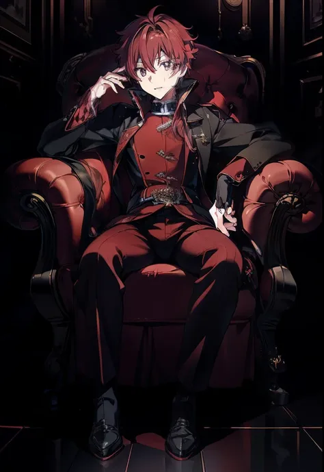 issei hyoudou,use crimson colored suit,sit on a chair