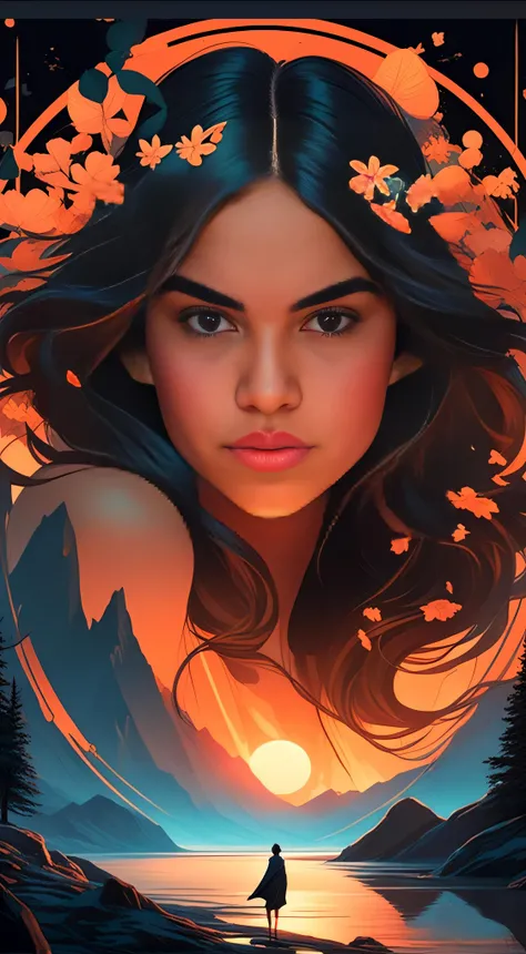 A woman with long hair and a wreath stands in front of a lake, estilo de arte charlie bowater, Jen Bartel, stunning digital illustration, Neoartcore e Charlie Bowater, Martin Ansin, Retrato da obra, Estilo de Charlie Bowater, Lois Ross, No estilo de Charli...