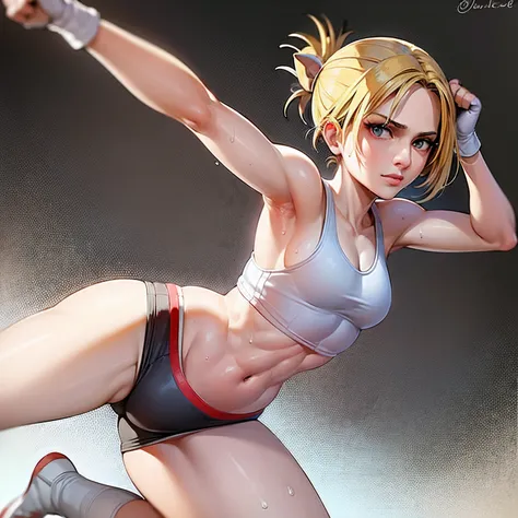 (best quality, masterpiece), AnnieAOT,  solo , boxing, in ring, sports bra, shorts, sweat  looking_at_viewer , full body view, boxing style position, best anatomy , sexy figure, front view, detailed background, best quality, standing, wearing boxing gloves...