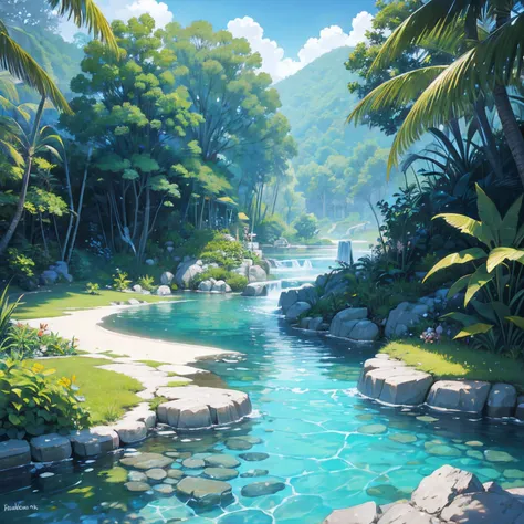 A tropical land with river and small rocks, crystal-clear water, 8k, printable --auto