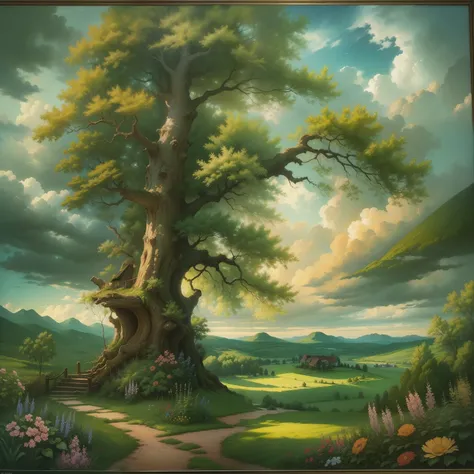 Oil paints，acrycle painting，tmasterpiece，Renaissance style，best qualtiy，idyllic scenery，Lodge，The tree，florals，grassy，Skysky，​​clouds，ssee-through，