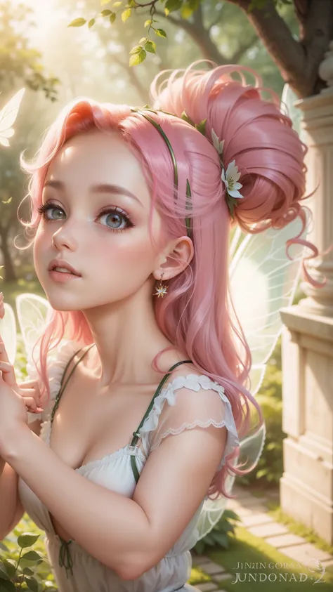 Polegarzinha, linda fada, cabelo iluminado, cabelo realista, fairy girl, girl with wings, jardim de rosas, linda natureza, plano de fundo com jardim, alta qualidade, super detalhado, pintura realista.