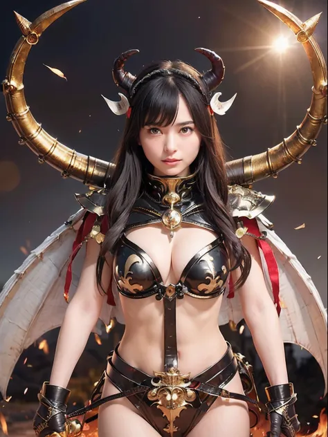 Professional , ​masterpiece、top-quality、photos realistic , depth of fields 、(A dark-haired) 、（Gemstone White Metal Body:1.4),(Matte Black、Jewel Gold Weapon、（maikurobikini）,Gorgeous metal weapons ,Particles of light、（Fight dragons）、（Black wings）、（（ Detailed...