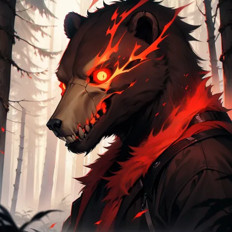 Bear Skull. Red Aura. Dark Forest Background