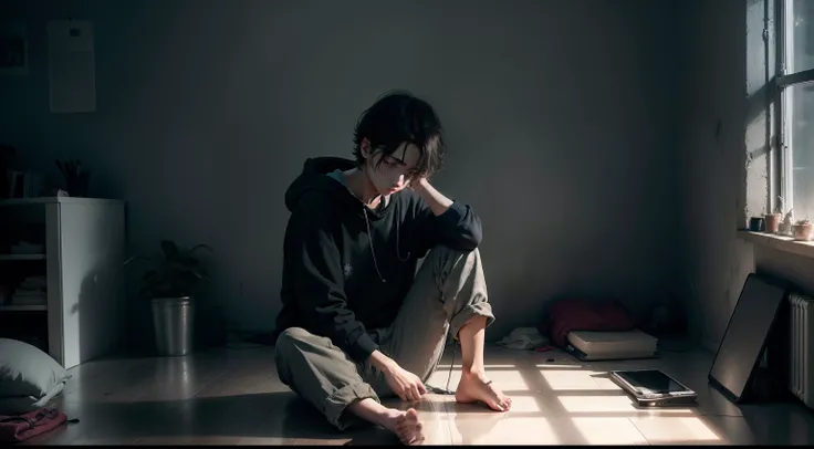 A person sitting on the floor in a dark, depressive-looking and sad room with a cell phone in his hand in technology, 4k Ultra HD, realista.