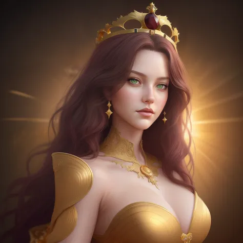 Realistic regal woman posing for a photo, looking at camera,(wavy burgundy hair), (light green eyes), hair with many details, beautiful sensual neckline, medium breasts, 8k artgerm bokeh, fanart best artstation, render photorealistic girl, guweiz-style art...