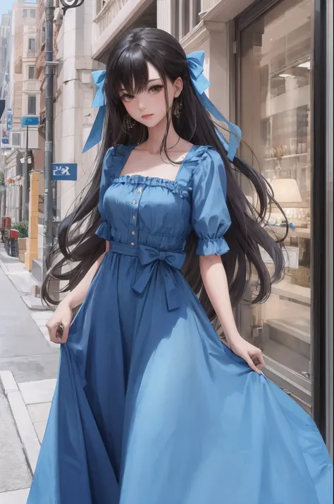 A girl wearing a long blue dress and waist length hair with a bow