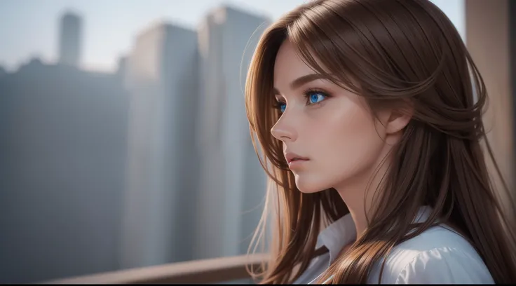 Attractive profile picture, masterpiece, extremely accurate rendering, beautiful face of brown-haired woman wearing realistic, good body, cool, solo, closed mouth, trustworthy, savior of the world world, simple design, best images, 8K, light blue eyes.