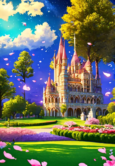 (cor simples, healing scenery, estilo de conto de fadas), lindo e sonhador, (flying petals: 1.2), (beautiful night sky: 1.2), (starry sky garden: 1.3), (maze theme amusement park: 1.2), (61 planejamento especial: 1.2) textura realista, imagem colorida, alt...