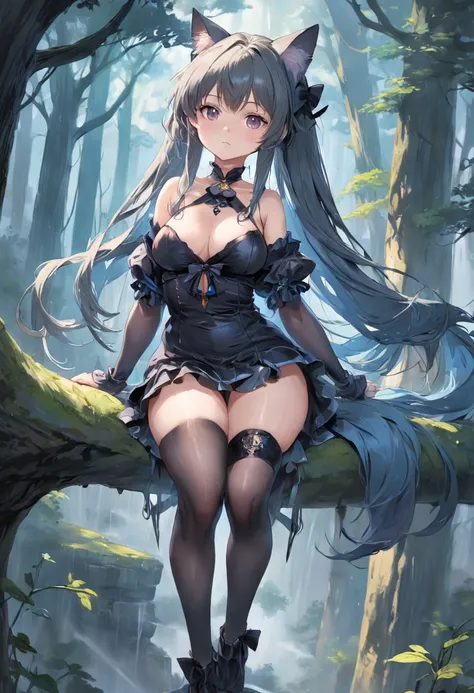 ((Need)), ((tmasterpiece)), (A detailed), black lence stockings,Loli Girl，Ethereal beauty, Perched in the woods, (fantasy illustrations:1.3), Seductive gaze, captivating posture, otherworldly charm, the street, (Luis Royo:1.2), (Yoshitaka Amano:1.1), Rainy...