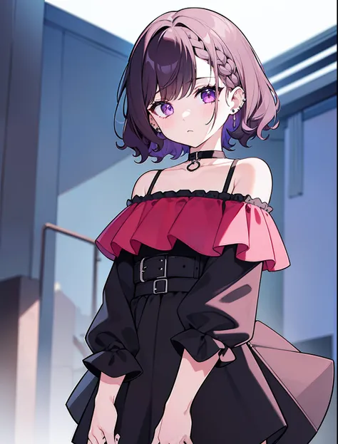 master part, best quality, 1girl, short hair, shoulder-length hair, cabelo roxo, curly hair, side braid, olhos azuis, sharp eyes, no expression, blusa rosa off shoulder, black skirt, piercings, na rua, Rua Escura, na noite, segurando um pacote de notas