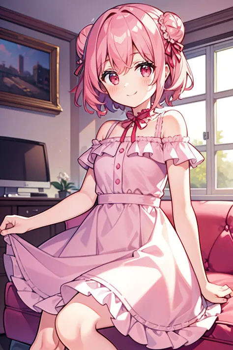 masterpiece, best quality, 1girl, short hair, shoulder-length hair, pink hair, curly hair, two buns, red eyes, smiling, white cute dress, frilled, ribbons, in the living room, sitting on the sofa, with computers