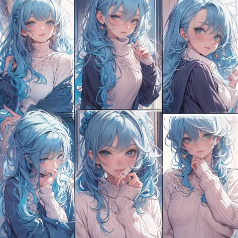 ((Masterpiece, Highest quality)), Detailed face, CharacterDesignSheet，full bodyesbian, Full of details, Multiple poses and expressions, Highly detailed, Depth, beuaty girl，blue sweater，Lace，lacepantyhose, High Balance, suns，Natural light