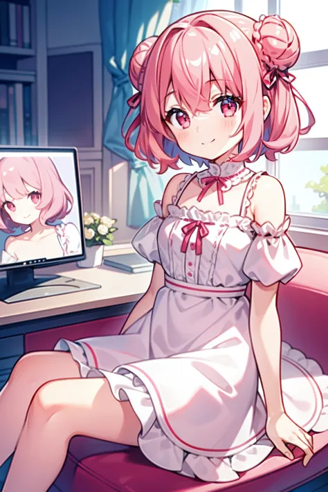 masterpiece, best quality, 1girl, short hair, shoulder-length hair, pink hair, curly hair, two buns, red eyes, smiling, white cute dress, frilled, ribbons, in the living room, sitting on the sofa, ((with computers))