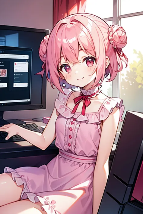 masterpiece, best quality, 1girl, short hair, shoulder-length hair, pink hair, curly hair, two buns, red eyes, smiling, white cute dress, frilled, ribbons, in the living room, sitting on the sofa, ((with computers))