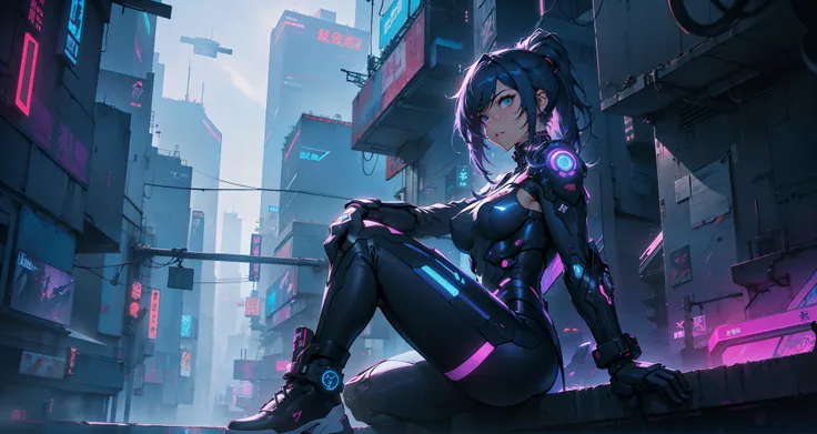 Cyber girl sitting on a ledge in the city at night。Cyberpunk anime art envelops her as digital worlds intersect。Modern cyberpunk art style illuminated by neon lights、It depicts a fusion of an anime girl and a mecha.。This art with a cyberpunk theme is、Feel ...