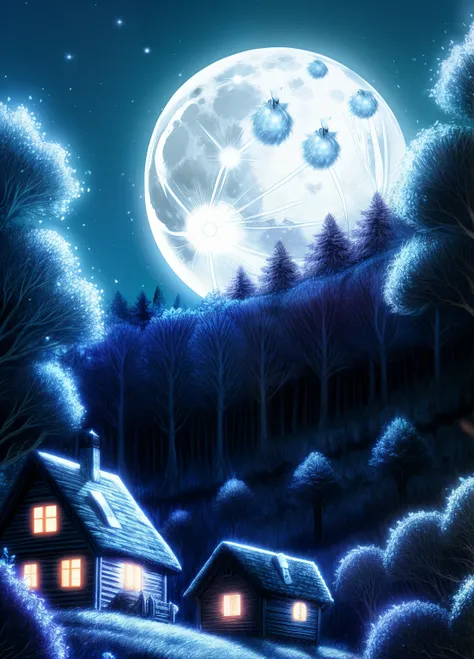 enchanted forest, the full moon rises from behind the hills, the bunnies and hedgehogs sit and watch the moon