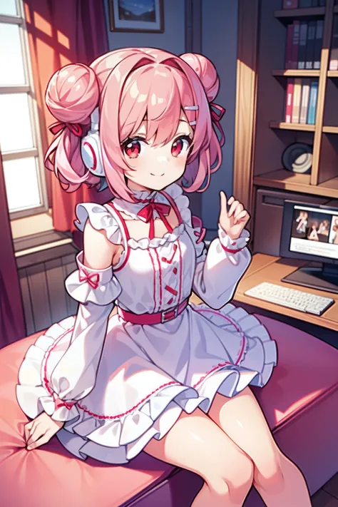 masterpiece, best quality, 1girl, short hair, shoulder-length hair, pink hair, curly hair, two buns, (red eyes), smiling, white cute dress, long sleeves, frilled, ribbons, in the living room, sitting on the sofa, ((with computers)), wearing headphone, ((sp...