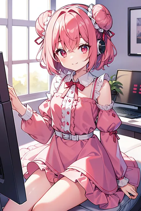 masterpiece, best quality, 1girl, short hair, shoulder-length hair, pink hair, curly hair, two buns, (red eyes), smiling, white cute dress, long sleeves, frilled, ribbons, in the living room, sitting on the sofa, ((with computers)), wearing headphone, ((sp...