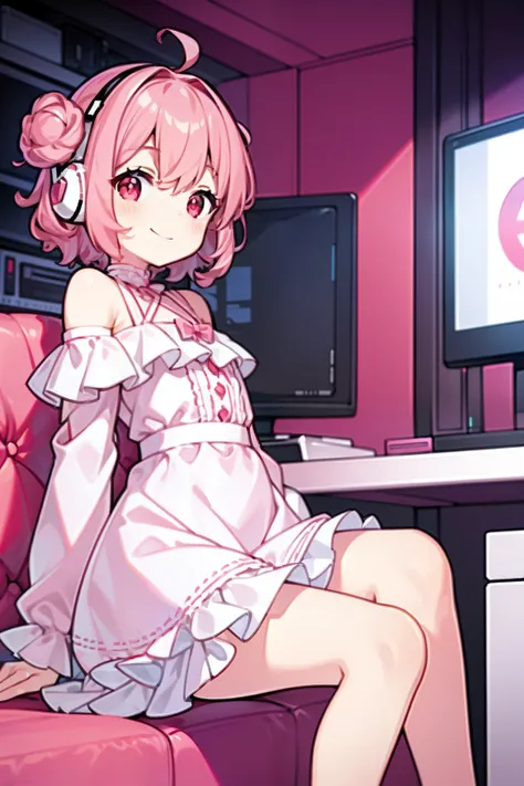 masterpiece, best quality, 1girl, short hair, shoulder-length hair, pink hair, curly hair, two buns, (red eyes), smiling, white cute dress, long sleeves, frilled, ribbons, in the living room, sitting on the sofa, ((with computers)), wearing headphone, ((sp...