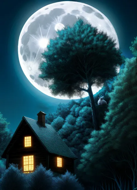 enchanted forest, the full moon rises from behind the hills, the bunnies and hedgehogs sit and watch the moon