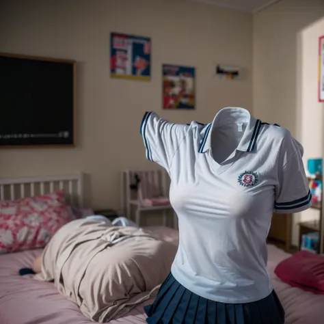 (girls school shirt:1.7) , (school shirt swells as if worn by invisible girl:1.7),((invisible, no humans:1.7, headless:1.7, handless, legless)), (big breasts:1.9),(on the bed), (pose),
(8k, RAW photo, best quality, masterpiece:1.2), (realistic, photo-reali...