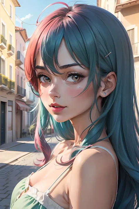 I want you to create an image of an anime-style girl with a lively and cheerful personality. I suoi capelli dovrebbero essere di un colore vivace, come un rosso acceso, e fluire leggermente oltre le spalle. His complexion is fair, con occhi grandi e lumino...