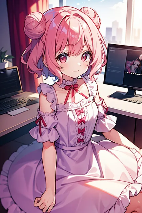 masterpiece, best quality, 1girl, short hair, shoulder-length hair, pink hair, curly hair, two buns, red eyes, smiling, white cute dress, frilled, ribbons, in the living room, sitting on the sofa, ((with computers))