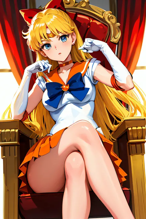 masterpiece, best quality, highres, sv1, sailor senshi uniform, orange skirt, elbow gloves, tiara, orange sailor collar, red bow, orange choker, white gloves, jewelry, (1990s (style):0.9), sitting, crossed legs, throne,