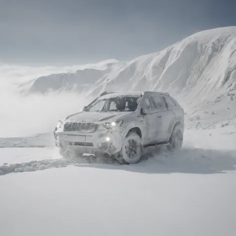 Massive melting of two Swiss glaciers, Thick fog on the ground, Luz azul no horizonte, Motor Unreal 5, cinemactic, Low-angle photography, motion blur, profundidade de campo, dust. Arte Splash, pingando tinta. Perfect color classification. influenciado por ...