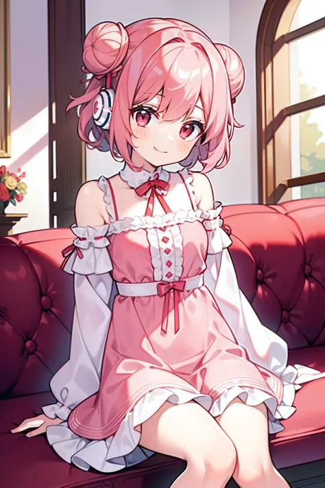 masterpiece, best quality, 1girl, short hair, shoulder-length hair, pink hair, curly hair, two buns, (red eyes), smiling, white cute dress, long sleeves, frilled, ribbons, in the living room, sitting on the sofa, wearing headphone, ((speakers))