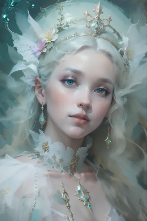 Oil paints，acrycle painting，tmasterpiece，Renaissance style，best qualtiy，Underwater glass palace，1 beautiful girl dressed in white，fabulous，، simple，pastel colour，Reinhart Miekel，ethereal fairytale, Ethereal beauty, monia merlo, style of karol bak, miss ani...