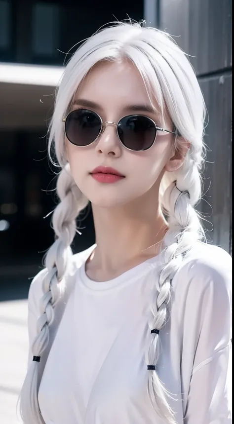 White clothes, White skin, White hair, Long braids, Cyberpunk, Golden eyes, （Wearing sunglasses）Looking up, Upper body