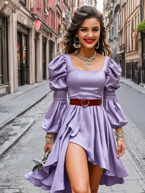 a beautiful woman wearing a purple fit and flare square neck puffed sleeve dress, a silver color belt on her waist, wearing dangling purple color earrings, red lips, long brunette hair, cherry color long nails, genuine smile, looking very beautiful, posing...