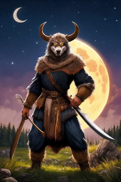 Viking warrior female werewolf character with Axe in hand in the middle of the forest under full moon