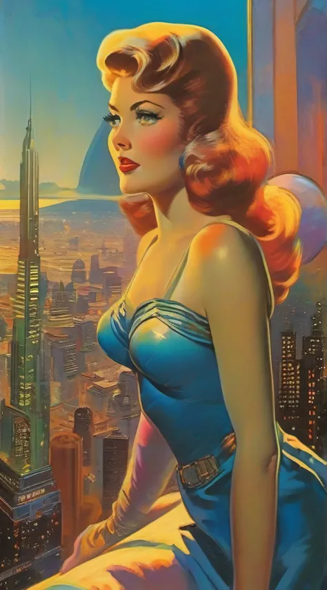 Looking out on an amazing towering alien metropolis, colorful 1950s retro futuristic sci-fi art deco space Vixen glamour in an Alien world metropolis, by Frank Frazetta, Erin Hanson, JC Leyendecker, Donato Giancola, Charles Vess, Boris Vallejo