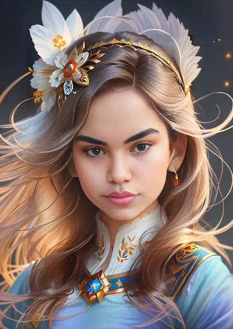 um close up de uma mulher com uma flor no cabelo, Grande arte digital com detalhes, retrato bonito da arte da fantasia, retrato bonito detalhado, retrato de fantasia digital, retrato da arte da fantasia, lindo pintura digital, rosto bonito fotorrealista, r...