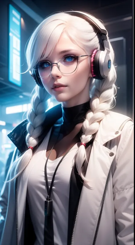 White clothes, White skin, White hair, Long braids, Cyberpunk, Golden eyes, （Wearing headphones）Looking up, Upper body